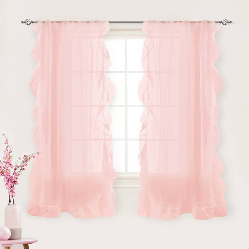 DriftAway Sophie Solid Sheer White Voile Window Curtains Ruffle Edge Rod Pocket 2 Panels