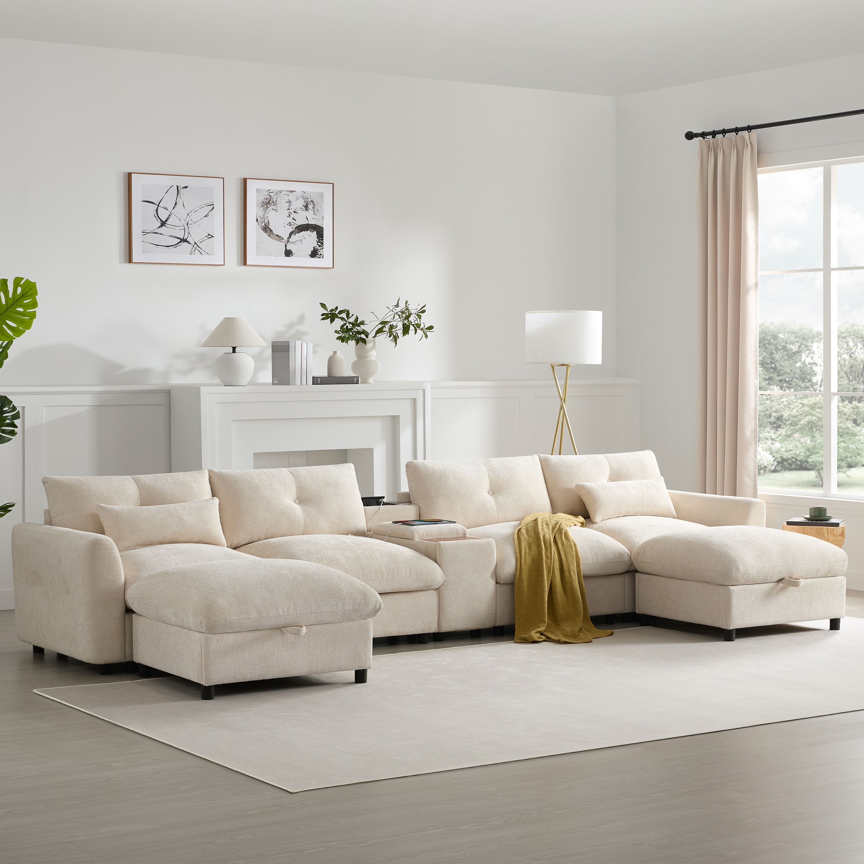 Roomfitters 136'' Modular U-Shaped Sectional Sofa with Console, Cup Holder, USB, Storage Ottoman, Chenille
