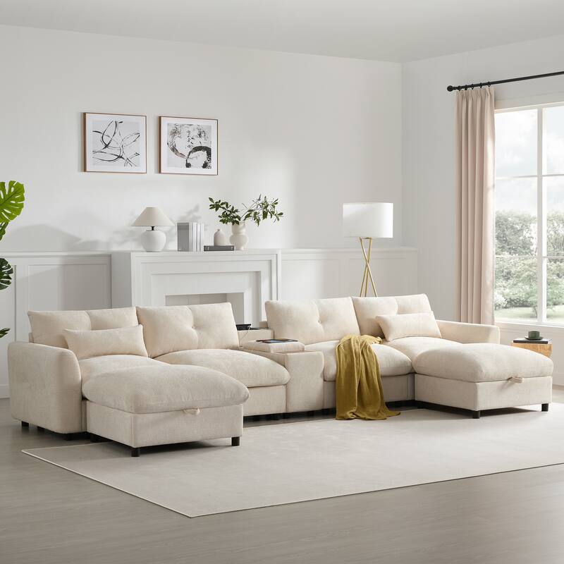 U Shaped Modular Sectional Sofa w/Ottoman, Console, Cup Holder, USB - Beige