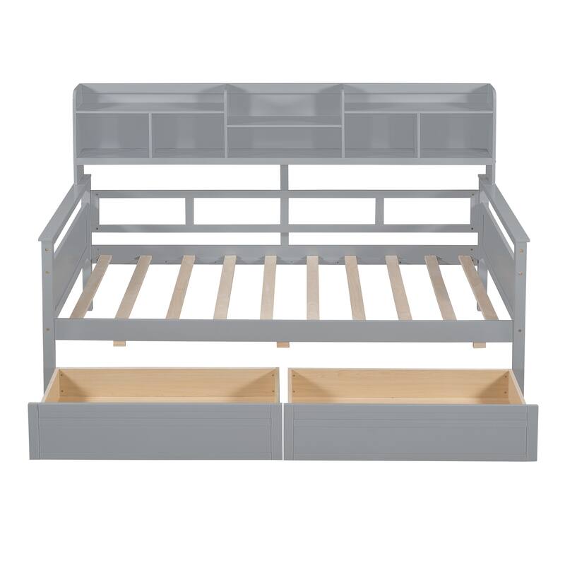 Twin Daybed with Storage 2 Drawers & Shelves, 250lb Capacity, Solid Wood Frame