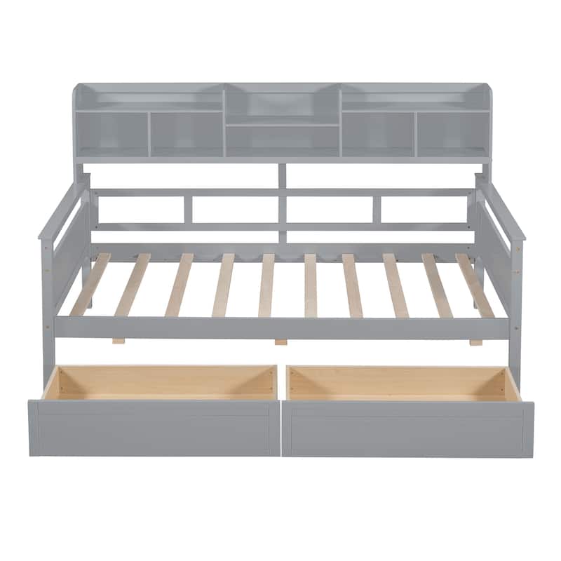 Twin/Full Size Daybed, Solid Wood Platform Sofa Bed Frame with Built In Bookshelves and Two Drawers