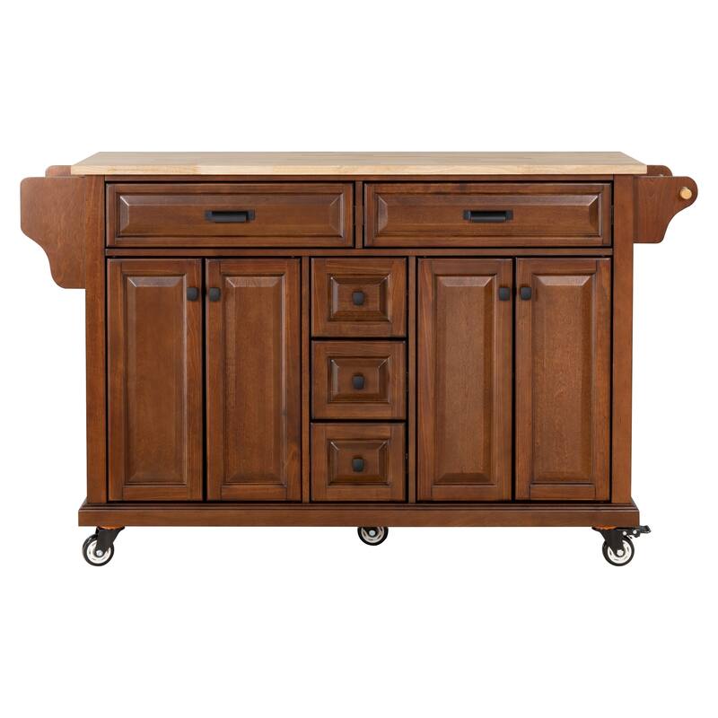Kitchen Island with Rubber wood Countertop, Kitchen Cart on 5 Wheels with Storage Cabinet and 5 Drawers for Dinning Room