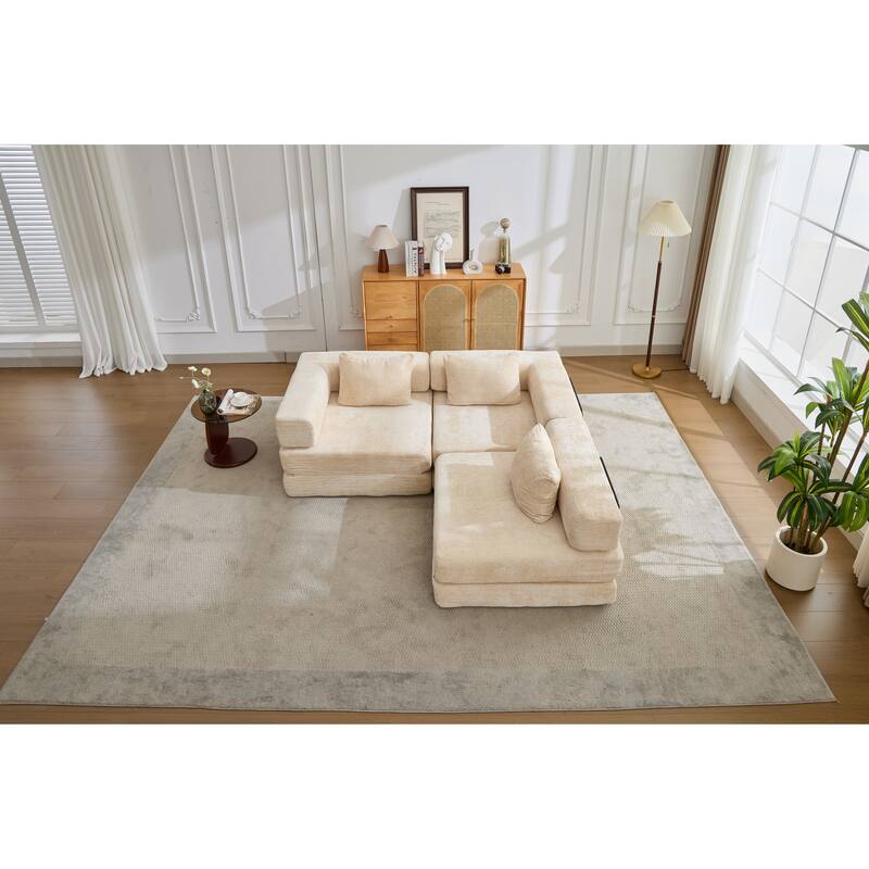 Chenille Fabric Compression Sofa, Boneless Modular Sectional Sofa, Convertible Floor Sofa Bed with Fixed-Shape Frame