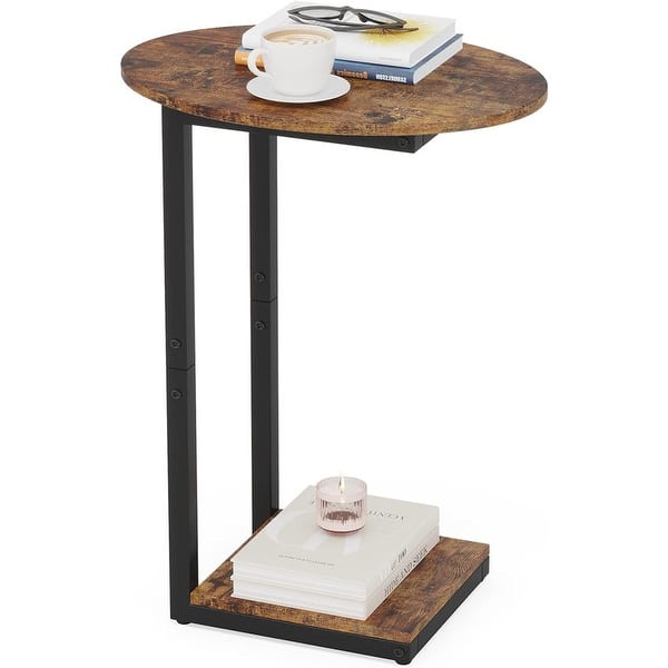 C-Shape Solid Wood Coffee Round Side Table TV Tray Sliding Sofa Table ...