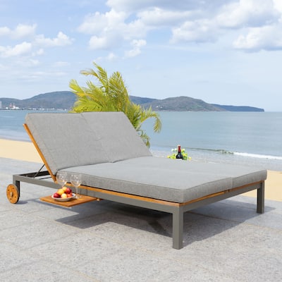 SAFAVIEH Outdoor Francka Adjustable Double Lounge Chair with Side Table - 83 In. W x 52 In. D x 15.8 In H - 83Wx52Dx16H