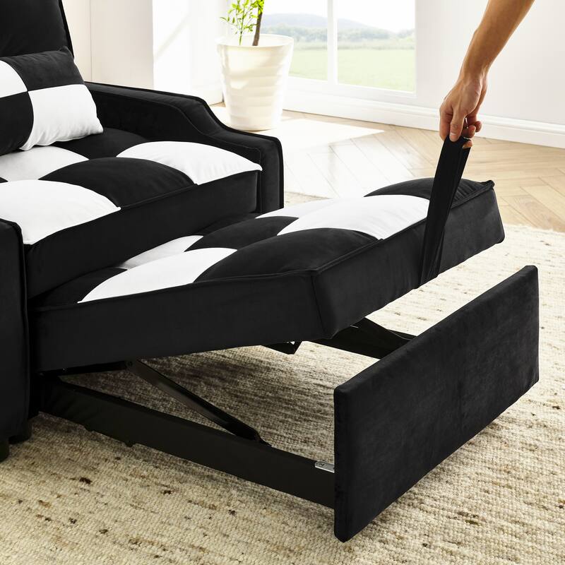 Black White Velvet Convertible Single Sleeper Sofa with Pull-out Bed