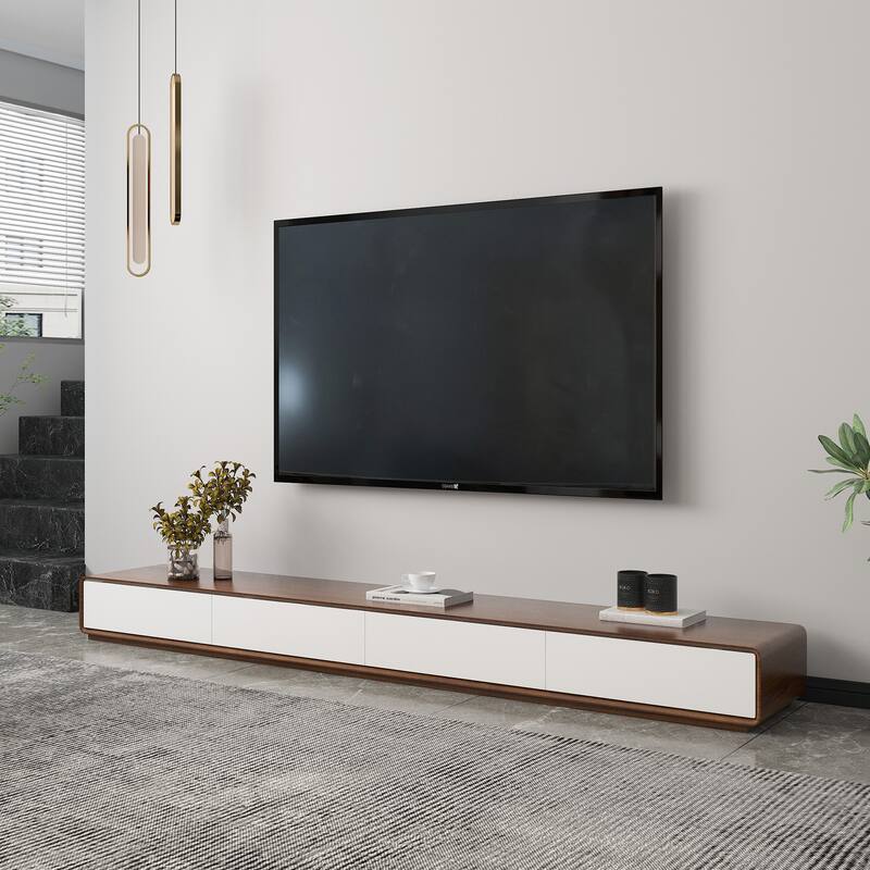 Rectangular TV Stand, Wood Veneer Media Console with 4 Drawers - 78.84" - Dark Wood & White