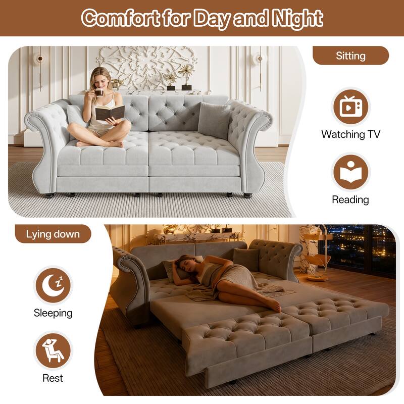 83.8" Chesterfield Velvet Pull-Out Sofa Bed, Classic Roll Arm Sleeper Couch with Elegant Flower Tufting