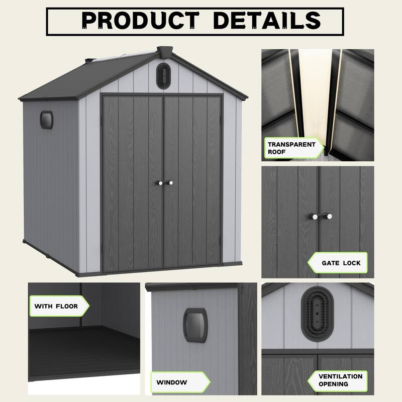 Waterproof Resin Garden Shed with Hinged Double Doors & Rain Gutter Weatherproof Storage Shed, Double Wall Panels