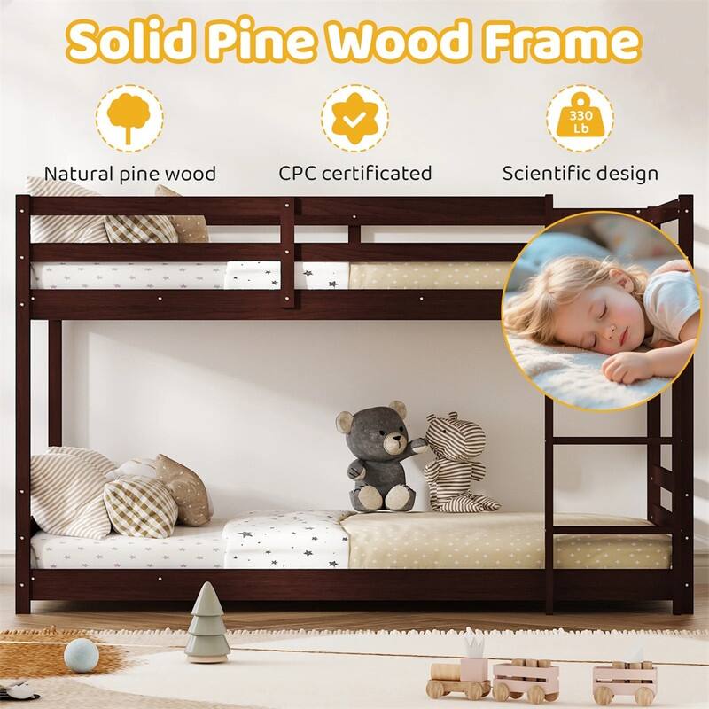 Kids Low Floor Bunk Bed Twin Over Twin With Guard Rails And Stairs