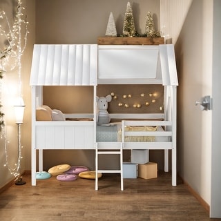 Twin Size Low Loft Wood House Bed with Two Side Windows - Bed Bath ...