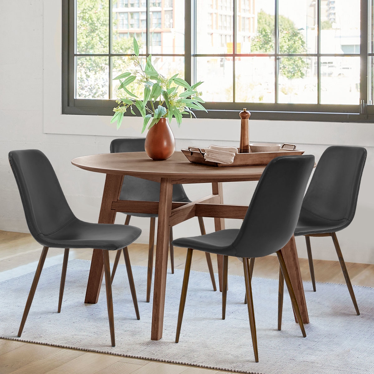 Faux Leather Dining Chairs with Walnut Legs Set of 4 On Sale