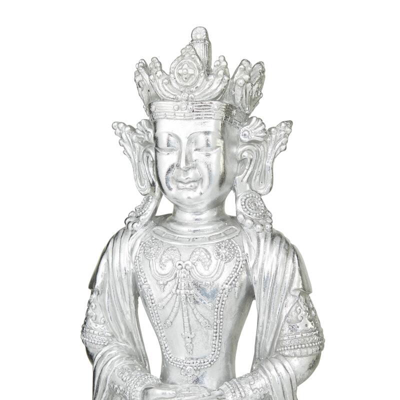 Silver Resin Bohemian Buddha Sculpture with Engraved Carvings and Relief Detailing