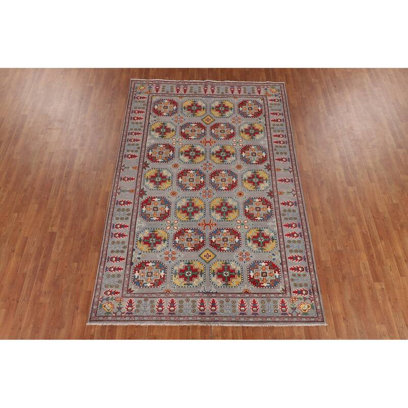 All-Over Gray Kazak Oriental Area Rug Handmade Wool Carpet - 6'4" x 9'7"