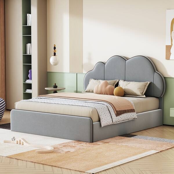 slide 2 of 15, Queen Size Upholstered Platform Bed with Padded Cloud Style Headboard, Soft Fabric Frame with Slats Gray