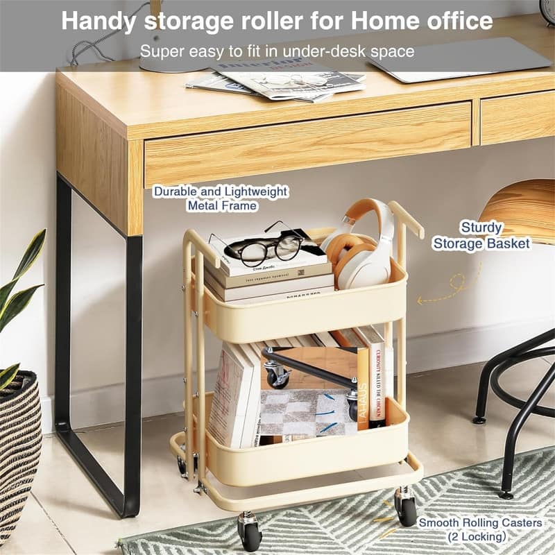 2 Tier Foldable Rolling Cart - 17.3"D x 18.3"W x 24.2"H