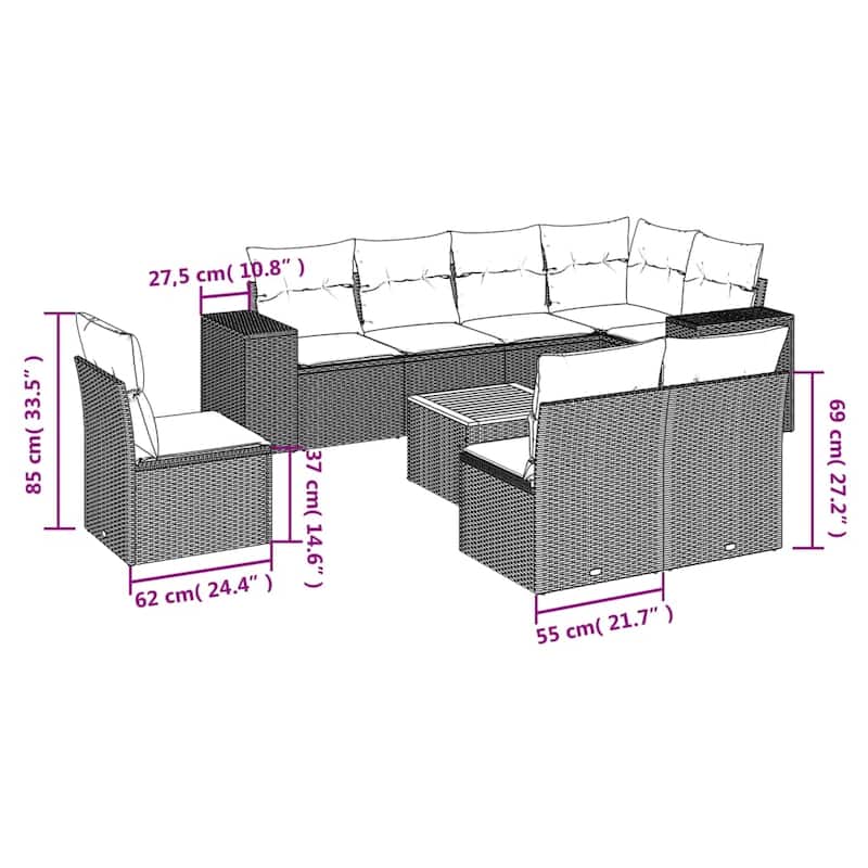 vidaXL Patio Sofa Set with Cushions Outdoor Furniture 9 Piece Poly Rattan - 21.7 x 21.7 x 14.6