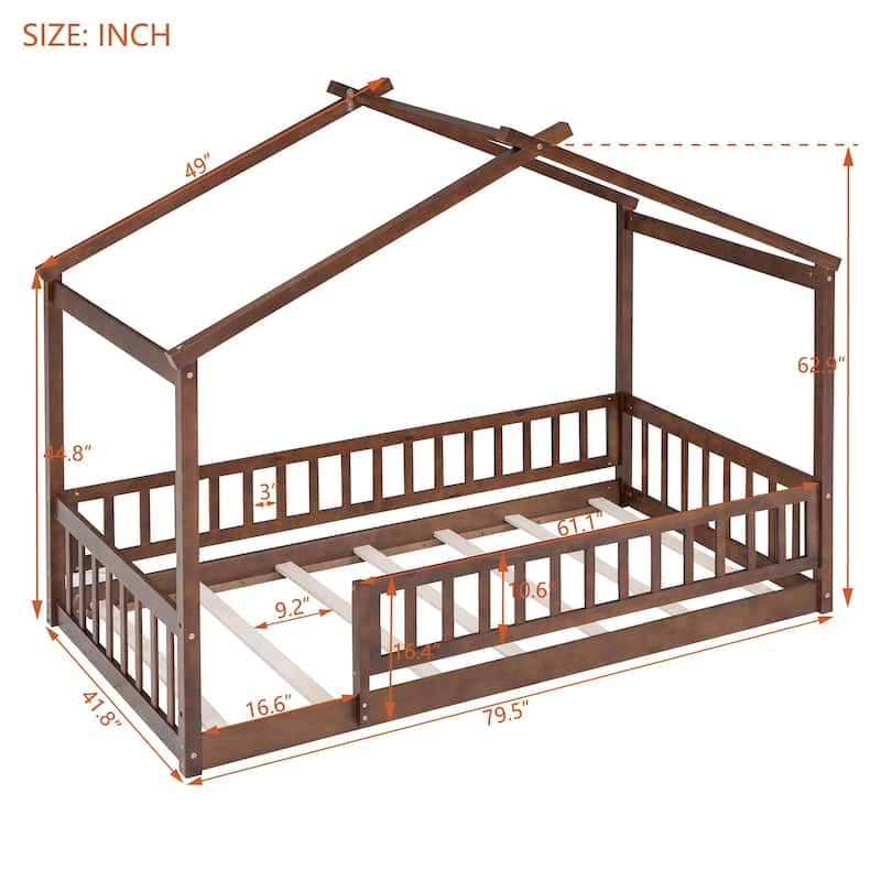 Twin Size Wooden House Bed Frame with Fence for Kids and Teens, Playhouse Design in Walnut