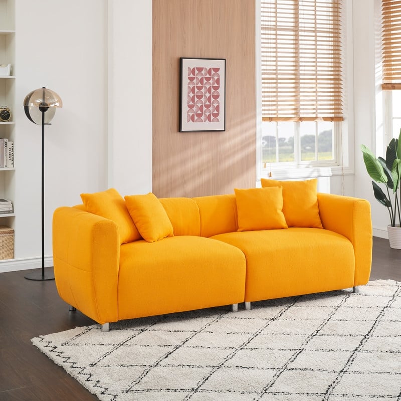 89" Cotton Linen Teddy 3-Seater Upholstered Sofa with Metal Legs