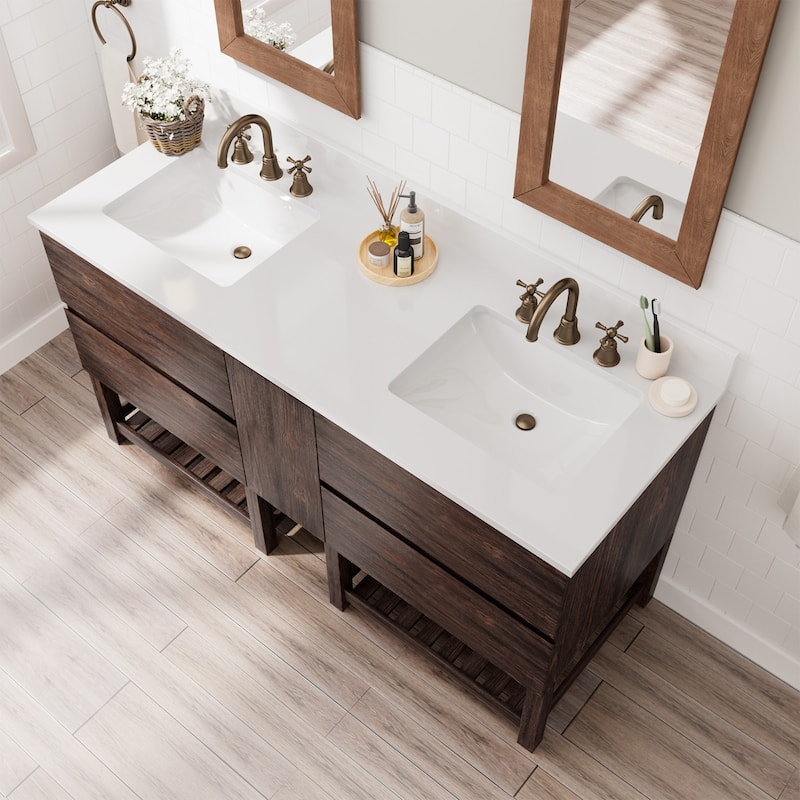 60-Inch Antique Style Solid Wood and MDF Double Sink Bathroom Vanity with Storage