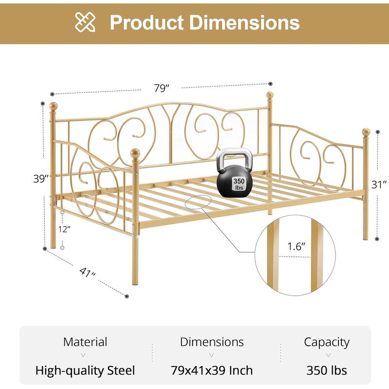 VECELO Metal Twin Size Daybed with Roman Column Legs Scroll Design Heavy Duty 350 lbs Capacity Sofa Bed for Living Room