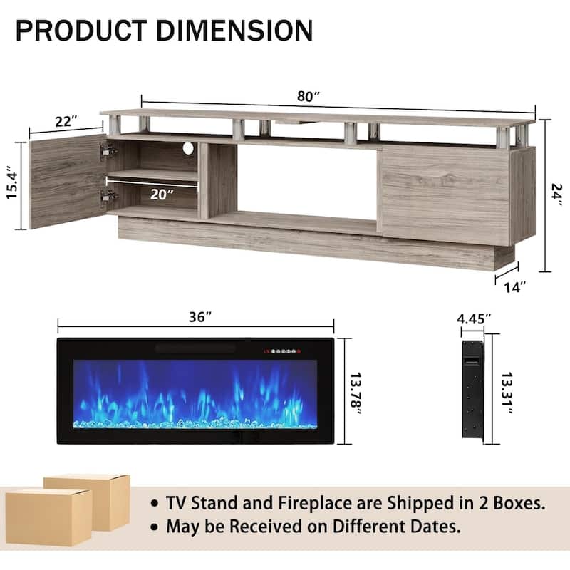 BOSSIN Modern 80" TV Stand with 36" Fireplace & LED Lights for TVs Up to 90", White with Golden Pillars, Storage Cabinets