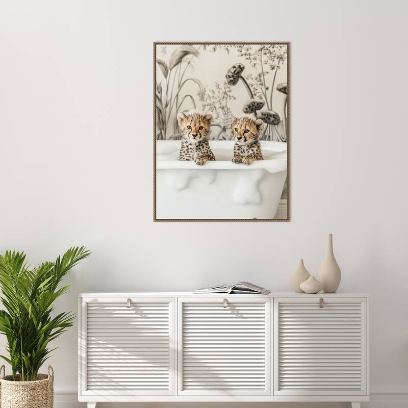 Cheetah Cub Bath by Niky Rahner Framed Canvas Wall Art