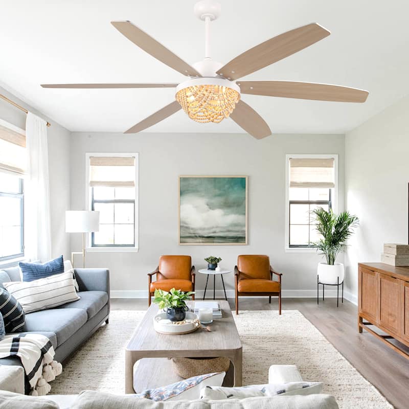 Bella Depot 65" Bohemia Large White Ceiling Fan with Light and Remote 6-Speed Modern Chandelier Fan Wood Bead Shade