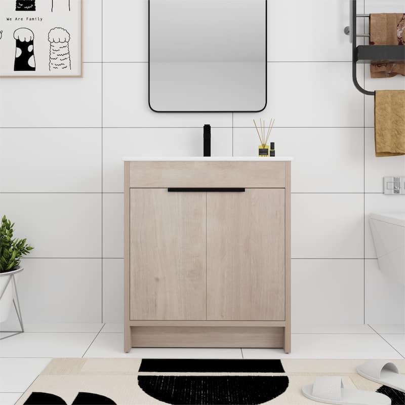 Bathroom Vanity With Sink In 24/30/36 Inch, Freestanding Bathroom Vanity With Soft Close Door and Adjustable Shelf - Plain Light Oak - 30"W x 18.3"D x 34.3"H
