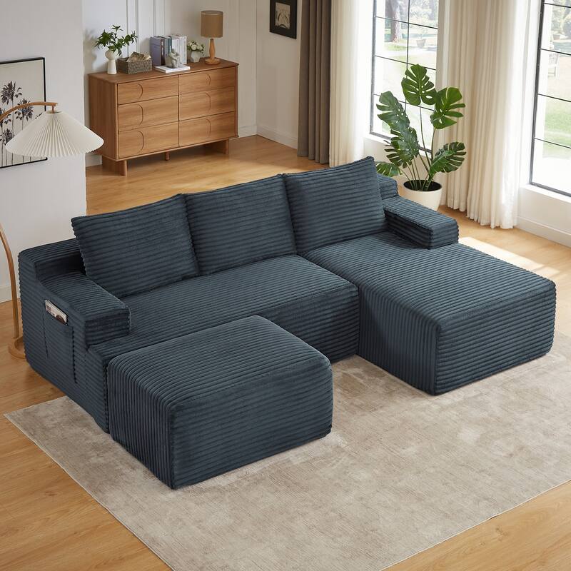 Corduroy Upholstery Cloud Modular Sectional Sofa with Chaise and Pillows, All-Foam Compression Design