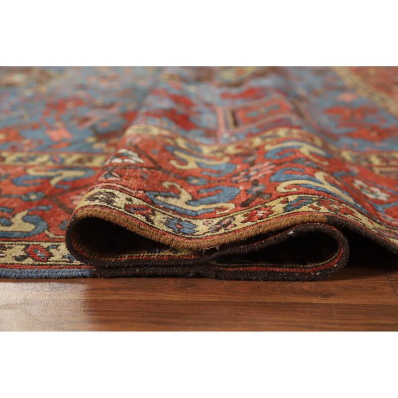 Hand Knotted Oriental 100% Wool Carpet Traditional Geometric Navy Blue & Blues Heriz Area Rug - 8' 5'' X 7' 11''