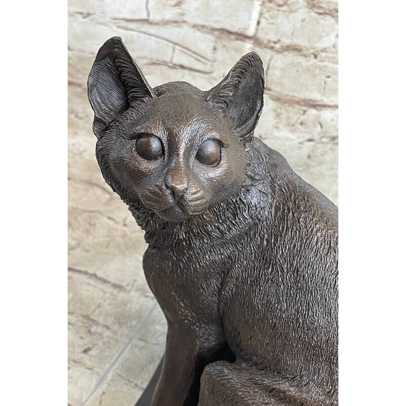 Signed Original Friendly Imitative Cat Feline Bronze Art Deco Marble Base Sculpture Figure
