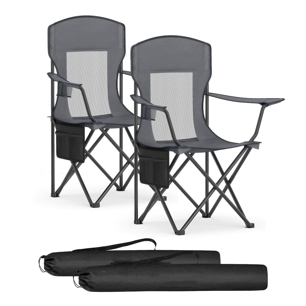 Set of 2 Foldable Camping Chairs with Mesh Back and Cup Holder Include Carry Bag for Outdoor Use - 20.3"D x 34"W x 38.2"H