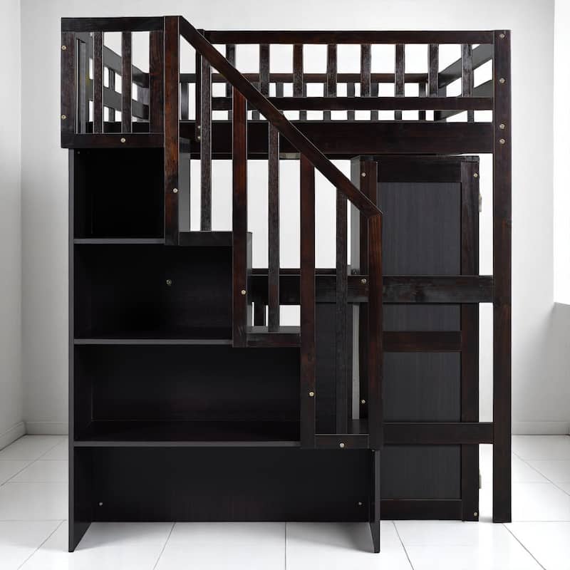 Twin/Full Size Loft Bed with Desk, Wardrobe, Drawers & Stairs, Wood Frame Study Bed with Storage for Kids/Teens