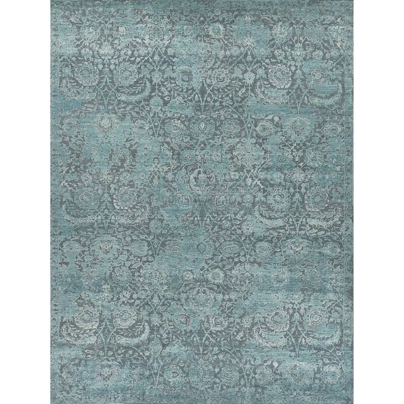 EXQUISITE RUGS Meena Hand-knotted Wool/Silk Blue/Light Blue Area Rug.