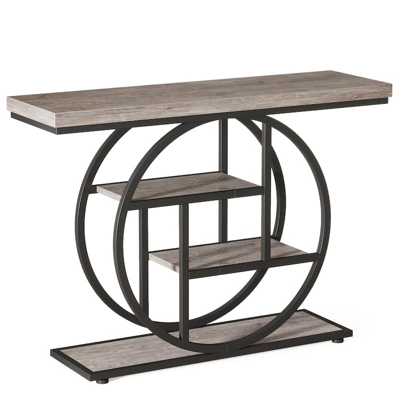 41.3"Industrial Console Table, 4-Tier Sofa Table with Unique Circle Metal Frame & Storage Shelves, Narrow Entryway Accent Table