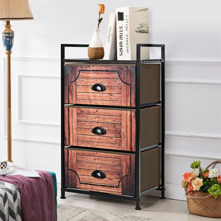 Dark Brown Fabric 4-Drawer Storage Tower with Metal Frame MDF Top and Adjustable Feet for Bedroom Closet or Office