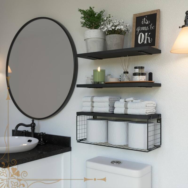 Over-Toilet Floating Shelf w/Wire Basket & Wall Mount - Black