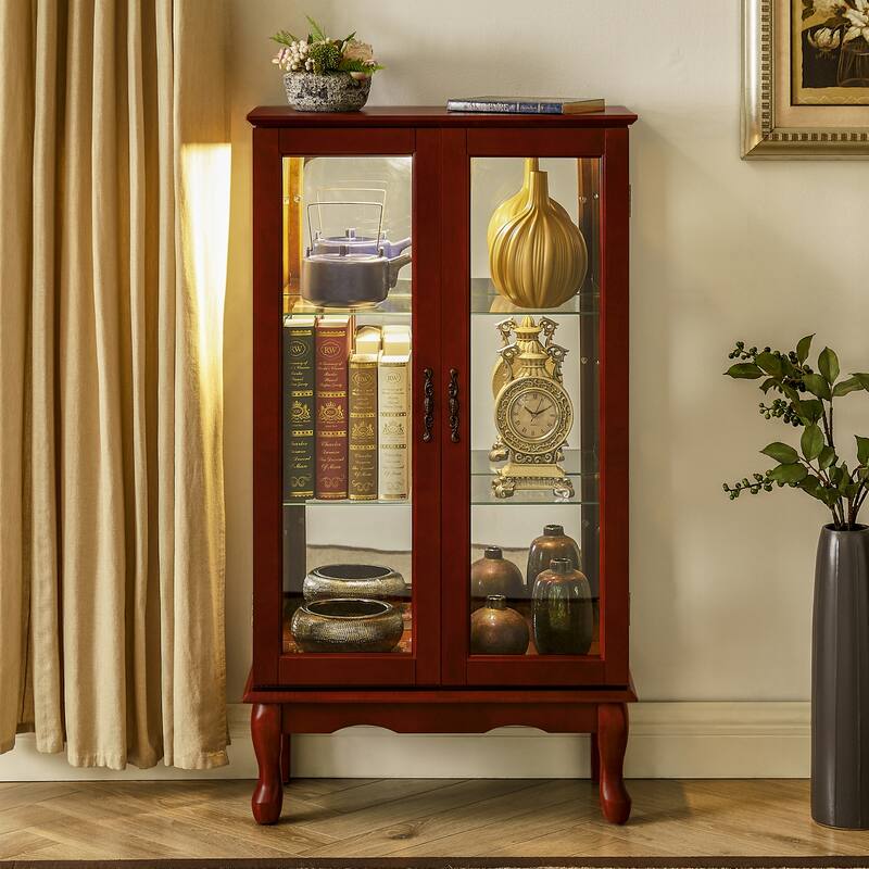 Curio Cabinet Lighted Curio Diapaly Cabinet with Adjustable Shelves and Mirrored Back Panel,Tempered Glass Doors - Cherry