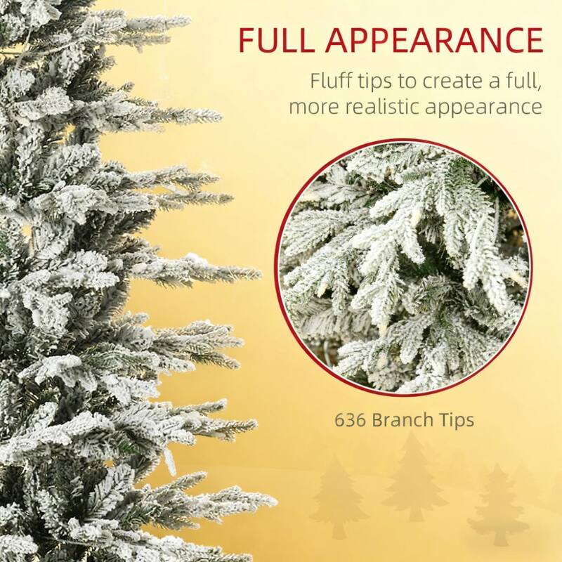 Flocked Artificial Christmas Tree - Snow Branches, Warm Yellow Lights, Auto Open - Green