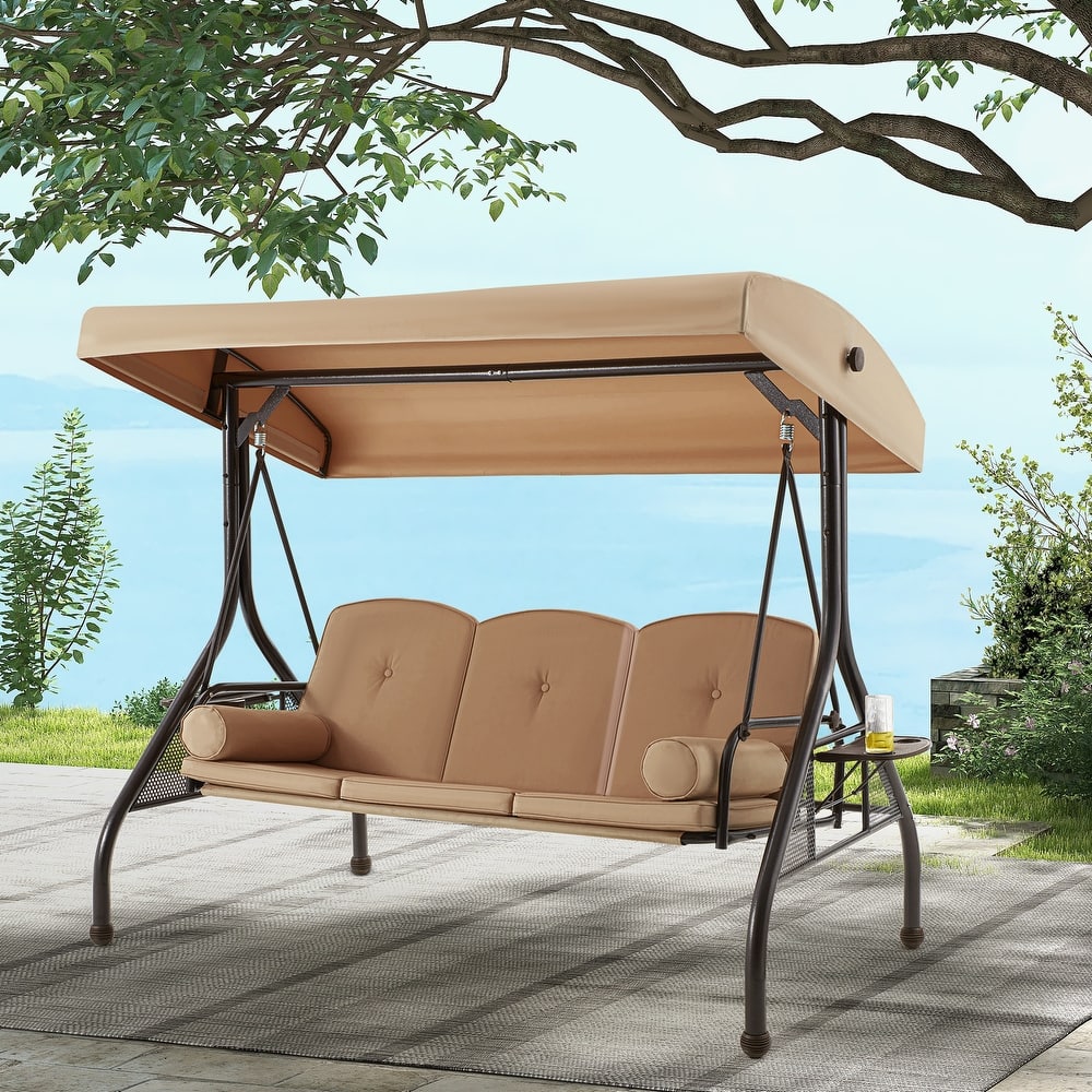 3-Seat Outdoor Porch Swing with Adjustable Canopy & Stand, Convertible Bed, All-Weather, Thickened Cushions & Cup Holders