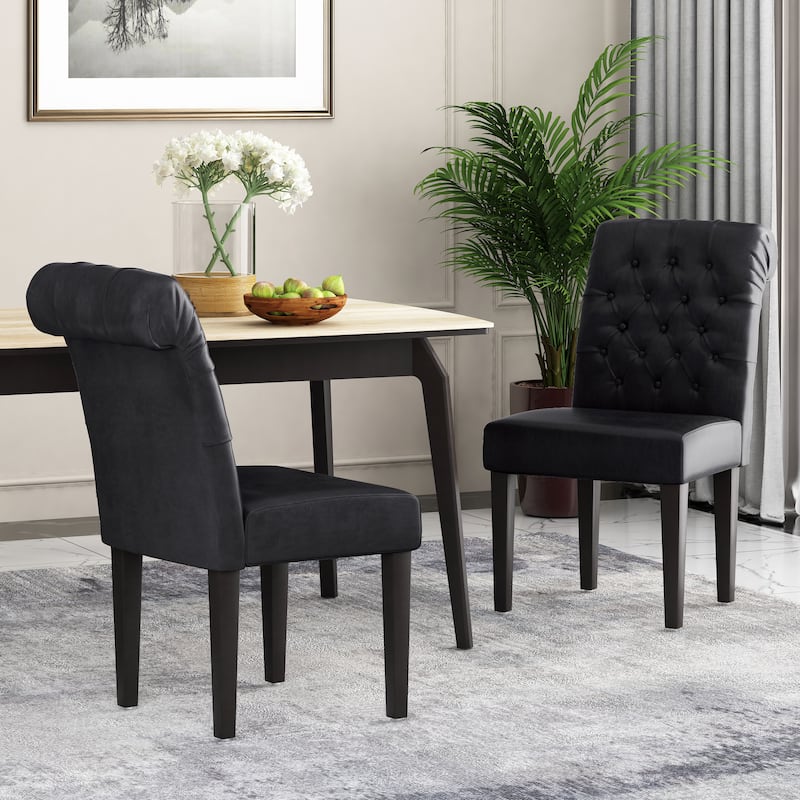 Set of 2 Dining Chairs, Soft Tufted Accent Chairs Kitchen Side Chairs, PU Leather Upholstered Dining Room Chair with Wooden Legs - Black