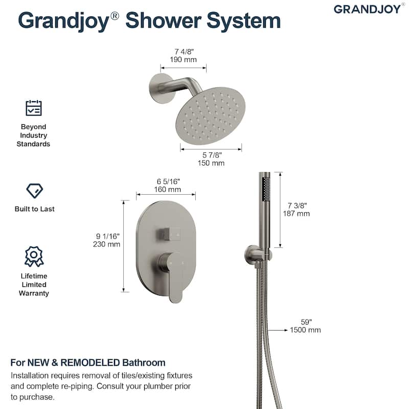 GRANDJOY Dual Shower Kit with Round Rainfall Head and Hand Shower, Lever Control Valve