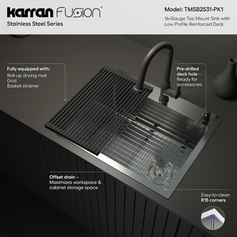 Karran Fusion Top Mount 25-in x 22-in Stainless Steel Single Bowl Kitchen Sink
