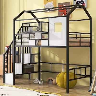 Metal Loft Bed with Roof Design and a Storrage Box