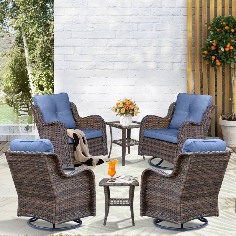 Wicker Outdoor Patio Conversation Seating Sets with Swivel Rocker Chairs - 6 Piece - Denim Blue
