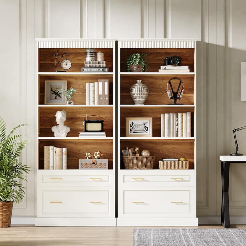Tall 5-shelf Bookcase Bookshelf with Drawers (Set of 2) - White Oak