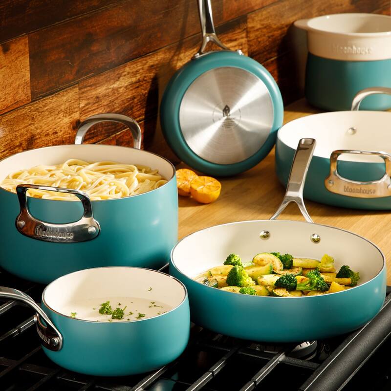 Bloomhouse 12 Piece Aluminum Enamel Cookware Set w/ Non-stick Non-toxic Ceramic Interior and Ceramic Steamer Insert