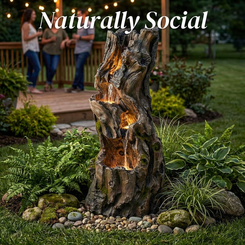 3 Tier Log Look Outdoor Water Fountain with Natural Stream Sound and Lights