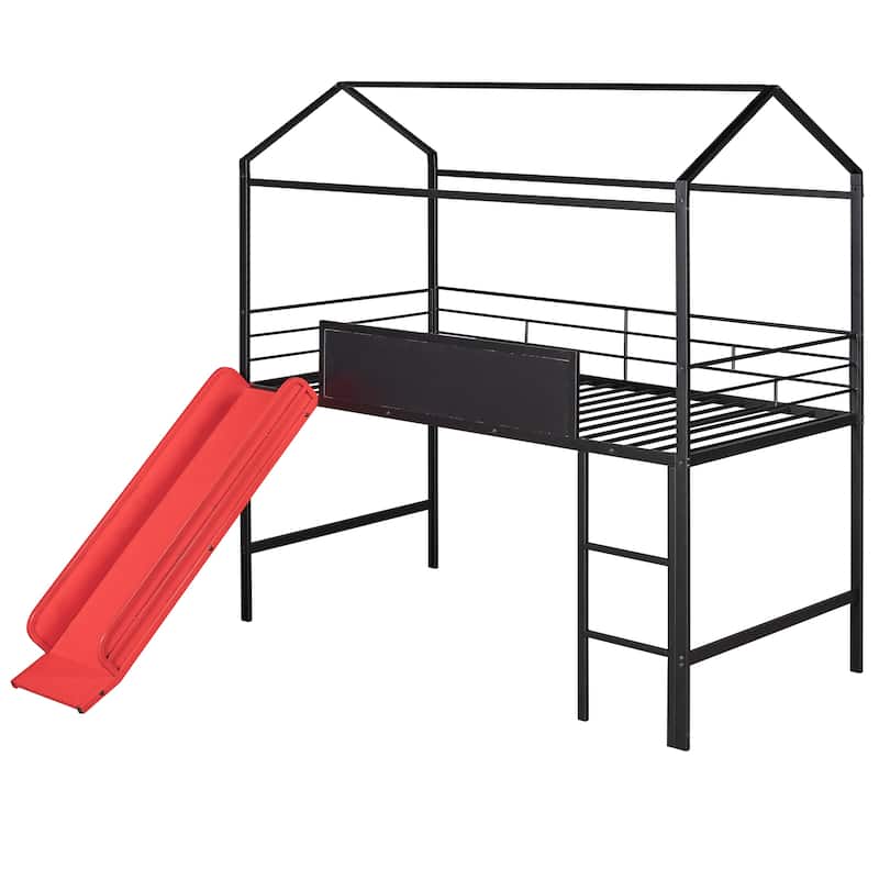 Twin Size Metal Loft Bed with Slide & Writing Pad for Imaginative Kids ...